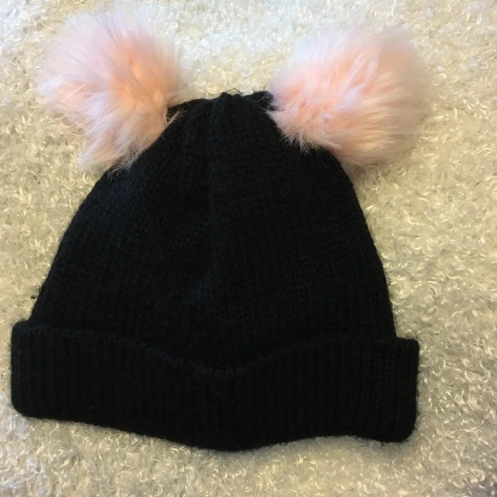 Place Black and Pink Kids Love Pom-Pom Beanie Stocking Cap Hat Tasseled